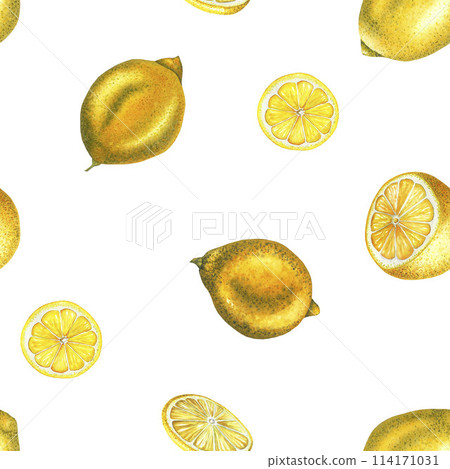 Watercolor lemon seamless pattern with lemons, cut lemon and slice. Hand drawn fresh yellow fruits isolated on white background. Painted Illustration for product design, print, fabric, decoration 114171031