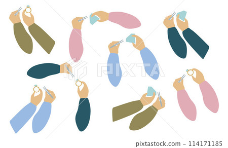 Set of Flat Hands with Gemstones and Rings. Vector Gestures in different positions. Cartoon Jeweler hand Showing, holding and representing Jewelry. Graphic Art For Card Design, Poster, Banner, Art. Set of Flat Hands with Gemstones and Rings. Vector Gestures in different positions. Cartoon Jeweler hand Showing, holding and representing Jewelry. Graphic Art For Card Design, Poster, Banner, Art. 114171185