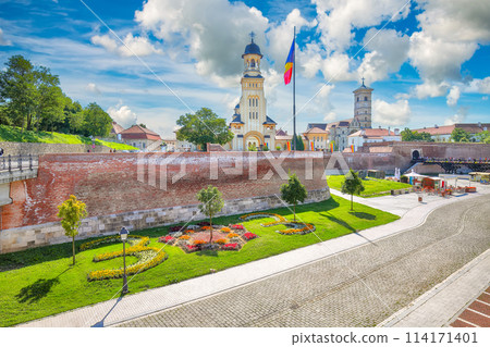 Amazing cityscape of Coronation Orthodox and Roman Catholic cathedrals inside fortified Alba Carolina Fortres Amazing cityscape of Coronation Orthodox and Roman Catholic cathedrals inside fortified Alba Carolina Fortres 114171401