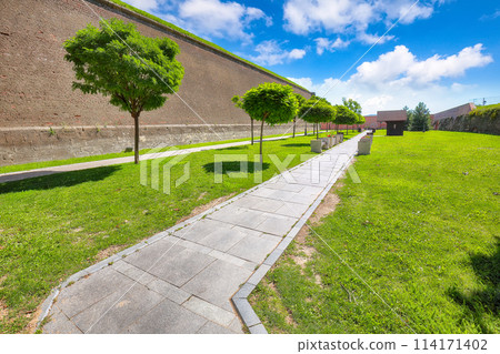 Amazing cityscape and aged medieval defense fortification walls with  green lawn in medieval fortress of Alba Iulia (Carolina). 114171402
