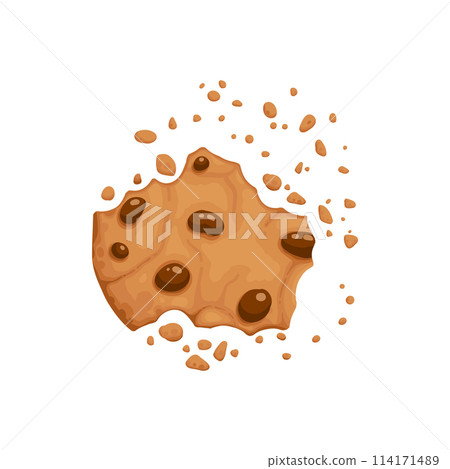 Bitten chocolate chip cookie. Crunch homemade brown biscuit broken with crumbs. Cartoon baked round choco cookie bite animation vector. Illustration animation disappear choco crumb piece bakery 114171489