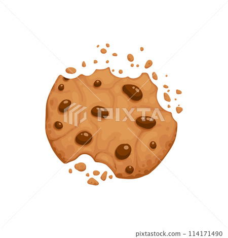 Bitten chocolate chip cookie. Crunch homemade brown biscuit broken with crumbs. Cartoon baked round choco cookie bite animation vector. Illustration animation disappear choco crumb piece bakery Bitten chocolate chip cookie. Crunch homemade brown biscuit broken with crumbs. Cartoon baked round choco cookie bite animation vector. Illustration animation disappear choco crumb piece bakery 114171490