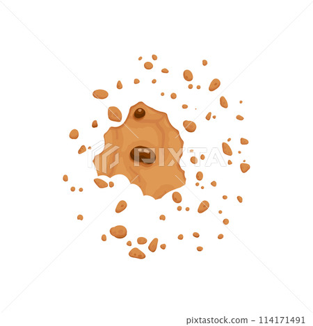 Bitten chocolate chip cookie. Crunch homemade brown biscuit broken with crumbs. Cartoon baked round choco cookie bite animation vector. Illustration animation disappear choco crumb piece bakery Bitten chocolate chip cookie. Crunch homemade brown biscuit broken with crumbs. Cartoon baked round choco cookie bite animation vector. Illustration animation disappear choco crumb piece bakery 114171491