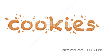 Bitten chocolate chip cookie text letters. Crunch homemade brown biscuits broken with crumbs. Cartoon baked round choco cookies bite animation vector. Illustration animation disappear choco crumb Bitten chocolate chip cookie text letters. Crunch homemade brown biscuits broken with crumbs. Cartoon baked round choco cookies bite animation vector. Illustration animation disappear choco crumb 114171494