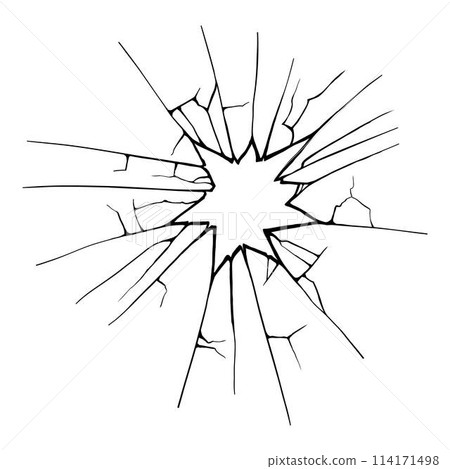 Cracked glass. Broken window, shattered glassy surface and break windshield glass texture silhouette. Crack shattered mirror or bullet hole. Vector illustration isolated icon 114171498