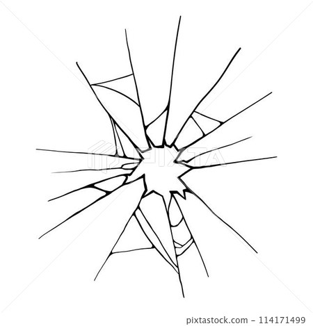 Cracked glass. Broken window, shattered glassy surface and break windshield glass texture silhouette. Crack shattered mirror or bullet hole. Vector illustration isolated icon Cracked glass. Broken window, shattered glassy surface and break windshield glass texture silhouette. Crack shattered mirror or bullet hole. Vector illustration isolated icon 114171499
