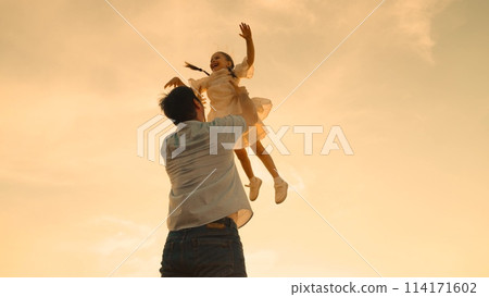 father throws child kid daughter into sky, silhouette happy family, children dream flying airplane pilot, child and dad play, kid air toss, joyful child, playful moments, daddy's girl flying, child up 114171602