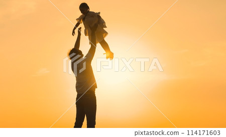 father throws child kid daughter into sky, silhouette happy family, children dream flying airplane pilot, daughter in sunset, loving playtime, daddy lifting daughter, sunny happiness, child high in father throws child kid daughter into sky, silhouette happy family, children dream flying airplane pilot, daughter in sunset, loving playtime, daddy lifting daughter, sunny happiness, child high in 114171603