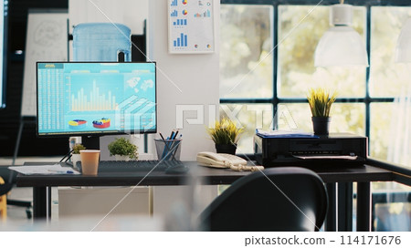 Stock portfolio on trading platform displayed on computer containing collection of investment assets. Workplace with live index indices and pie charts on PC screen showing stock demand surge Stock portfolio on trading platform displayed on computer containing collection of investment assets. Workplace with live index indices and pie charts on PC screen showing stock demand surge 114171676