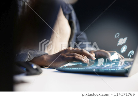 Person typing on laptop keyboard, doing productivity tasks, online connectivity concept. Close up shot of freelancer using augmented reality tech to interact with notebook screen Person typing on laptop keyboard, doing productivity tasks, online connectivity concept. Close up shot of freelancer using augmented reality tech to interact with notebook screen 114171769