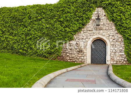 A small mystical door in the ivy-covered fence to the old Zamek Krolewski na Wawelu castle in the center of Krakow. 114171808
