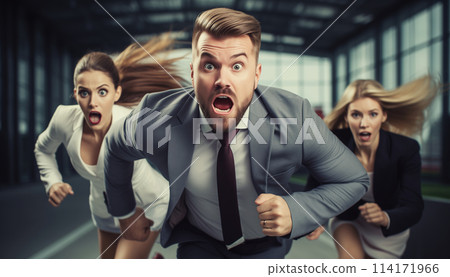 Running joyful businessman with colleagues business people having a race together in the office 114171966