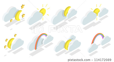 3D Isometric Flat  Set of Weather Forecast Icons, Thunderstorm, Rain, Sunny Day, Night and Winter Snow 114172089