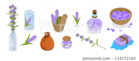 3D Isometric Flat  Set of Lavanders Products, Flowers and Cosmetics 114172103