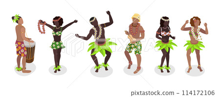 3D Isometric Flat  Set of Hawaiian Dancers, Characters in Polynesian Costume 114172106
