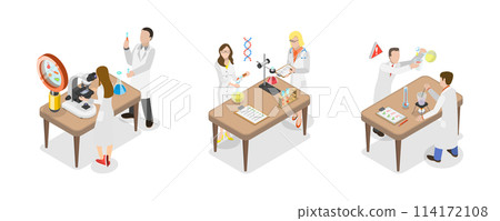 3D Isometric Flat  Conceptual Illustration of Chemistry Laboratory Workers, Professional Lab Research 114172108