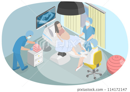 3D Isometric Flat  Conceptual Illustration of Childbirth, Pregnant Woman Giving Birth to a Baby in Hospital 114172147