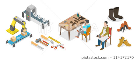 3D Isometric Flat  Conceptual Illustration of Leather Shoes Production, Shoe Making Process 114172170