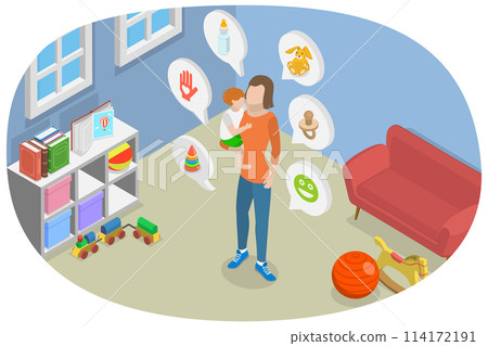 3D Isometric Flat  Conceptual Illustration of Babysitter, Childcare Service Worker 114172191