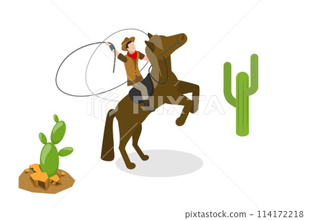 3D Isometric Flat Conceptual Illustration of Wild West, Rodeo Cowboy Riding a Horse 3D Isometric Flat Conceptual Illustration of Wild West, Rodeo Cowboy Riding a Horse 114172218