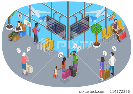 3D Isometric Flat  Conceptual Illustration of Cancelled Flight, Upset, Disappointed People 114172226