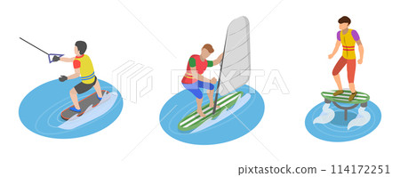 3D Isometric Flat  Conceptual Illustration of Extreme Water Sports, Summer Beach Activities 114172251