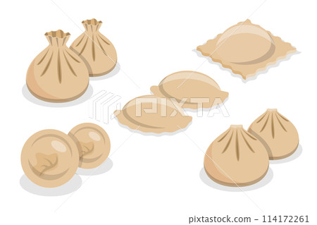 3D Isometric Flat Set of Dumplings, Dim Sum, Asian Food 3D Isometric Flat Set of Dumplings, Dim Sum, Asian Food 114172261