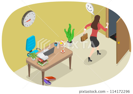 3D Isometric Flat  Conceptual Illustration of End Of The Work Day, Employee Runing Away From Office 114172296