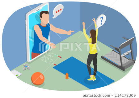 3D Isometric Flat  Conceptual Illustration of Online Coach, Fitness and Health 114172309