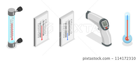 3D Isometric Flat  Set of Thermometers, Measuring Temperature Indoor, Outdoor, Health Control 114172310