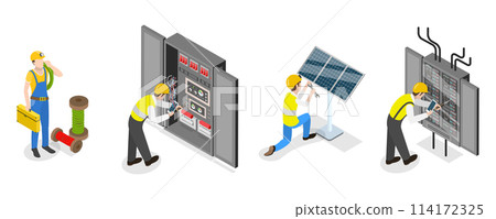 3D Isometric Flat  Conceptual Illustration of Electrical Utility Delivery, Electricity Workers 114172325