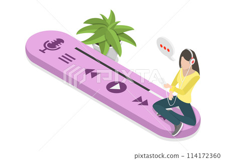 3D Isometric Flat Conceptual Illustration of Audio Podcast, Young Woman Listening to Radio Show or Music 3D Isometric Flat Conceptual Illustration of Audio Podcast, Young Woman Listening to Radio Show or Music 114172360