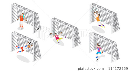 3D Isometric Flat  Set of Goalkeepers, Goalie Characters in Motion 114172369