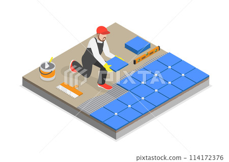3D Isometric Flat  Conceptual Illustration of Professional Tiler, Installing Ceramic Floor Tiles 114172376