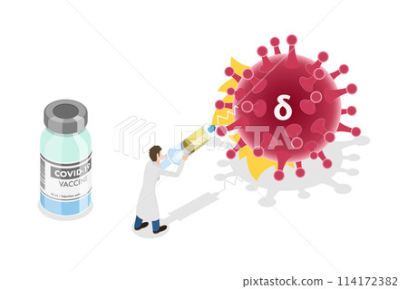 3D Isometric Flat  Conceptual Illustration of Virus Variant Immunity Escape, Immune Booster Shot 114172382