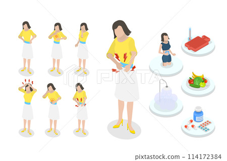 3D Isometric Flat Conceptual Illustration of Menstrual Pain, PMS Symptom 3D Isometric Flat Conceptual Illustration of Menstrual Pain, PMS Symptom 114172384