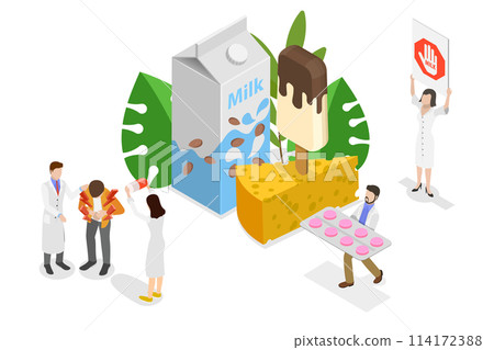 3D Isometric Flat Conceptual Illustration of Lactose Intolerance, Poor Lactose Digestion 3D Isometric Flat Conceptual Illustration of Lactose Intolerance, Poor Lactose Digestion 114172388