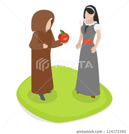 3D Isometric Flat  Conceptual Illustration of Snow White, Getting an Apple From an Old Evil Witch 114172395