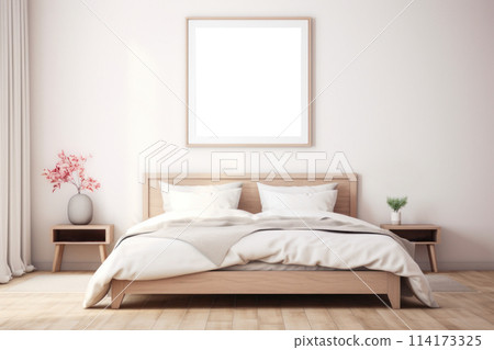 Poster mockup in modern coastal style bedroom interior with sofa. Frame mock up 114173325