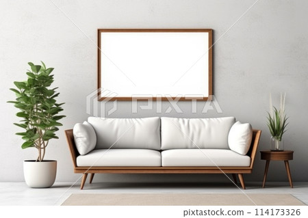 Poster mockup in modern mid-century living room interior with sofa. Frame mock up 114173326