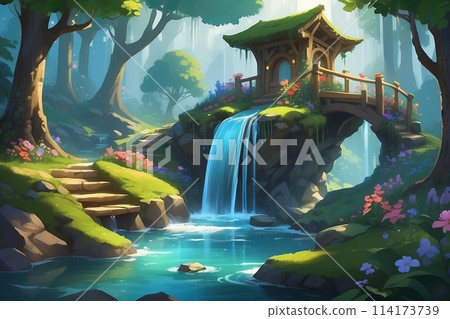 隱藏在森林深處的未開發瀑布和一座長滿青苔的木橋 隱藏在森林深處的未開發瀑布和一座長滿青苔的木橋 114173739