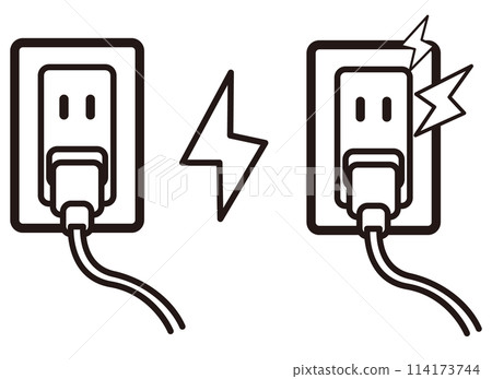 插入插座的插頭和電氣符號的單色圖示插圖 插入插座的插頭和電氣符號的單色圖示插圖 114173744