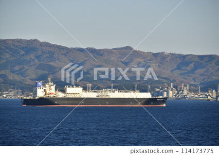 Spring morning scene of a large cargo ship sailing through Hakodate Bay in Hakodate, Hokkaido 114173775