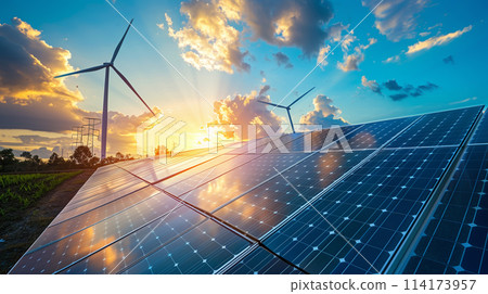 A solar panel farm with a sunset in the background 114173957