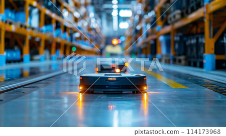 Two robots are moving through a warehouse 114173968