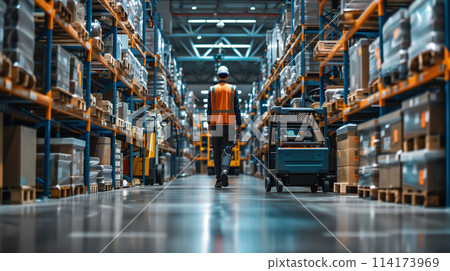 A worker in a safety vest walks through a warehouse filled with boxes 114173969