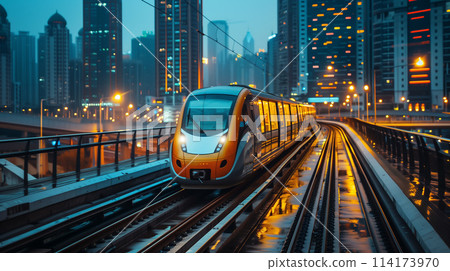 A train is traveling down a track in a city at night 114173970