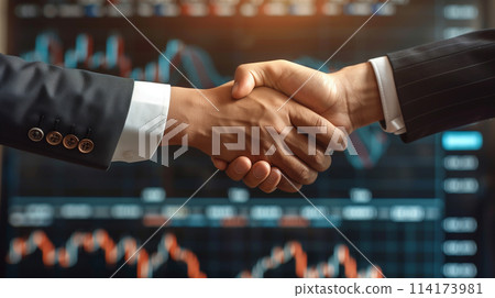 Two men shaking hands in front of a screen with graphs 114173981