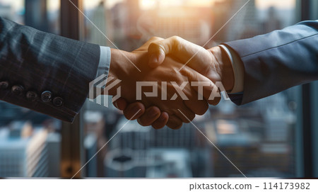 Two men shaking hands in a business setting 114173982