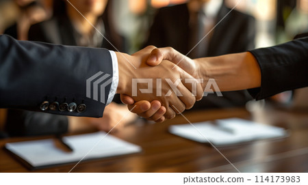 A handshake between two people in suits 114173983